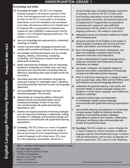 English Language Proficiency Standards (ELPS) Chart, Grades K-1
