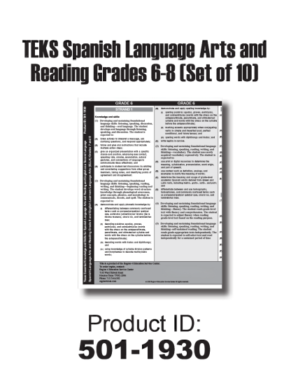 TEKS Spanish Language Arts and Reading Grade 6 and ELLA Grade 7 and Grade 8 (Set of 10)