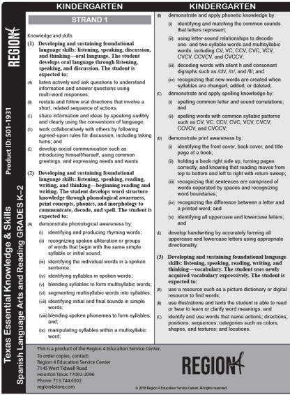 TEKS Spanish Language Arts and Reading Kindergarten–Grade 2 Chart (Set of 10)
